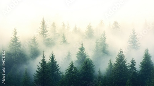 Misty forest landscape with evergreen trees shrouded in fog.