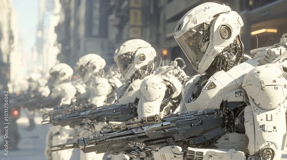 Fototapeta premium Dystopian Future: Robotic Enforcers Patrolling Streets in a Futuristic Warfare 3D Render Illustration
