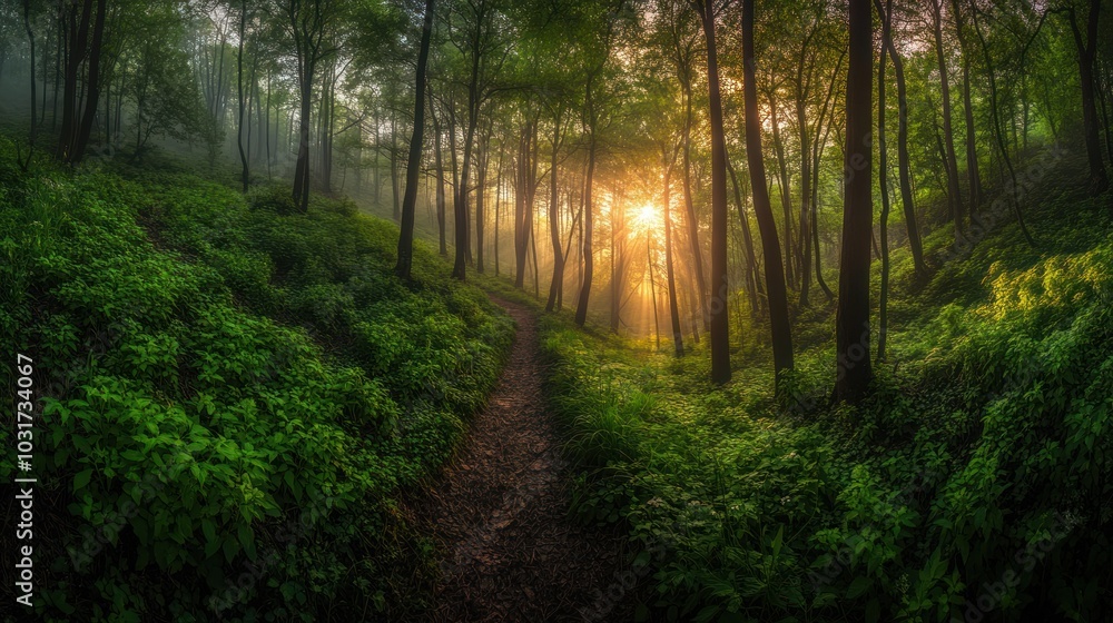 Fototapeta premium Serene forest path illuminated by sunlight, surrounded by lush greenery and mist.