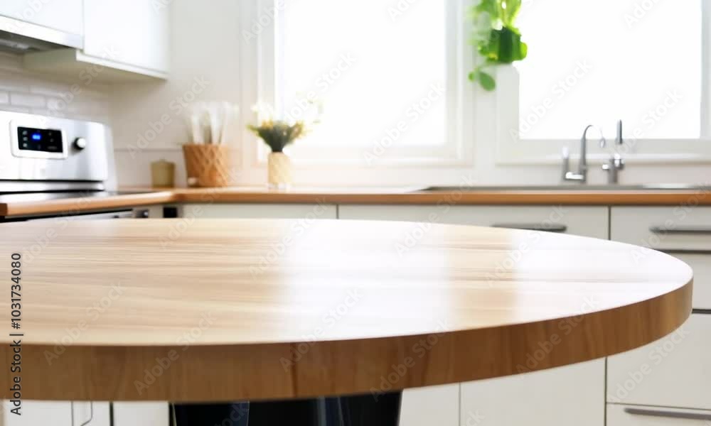 Close up of a clean, light wood table top with blurred kitchen background. Close up of a clean, light wood table top with blurred kitchen background.