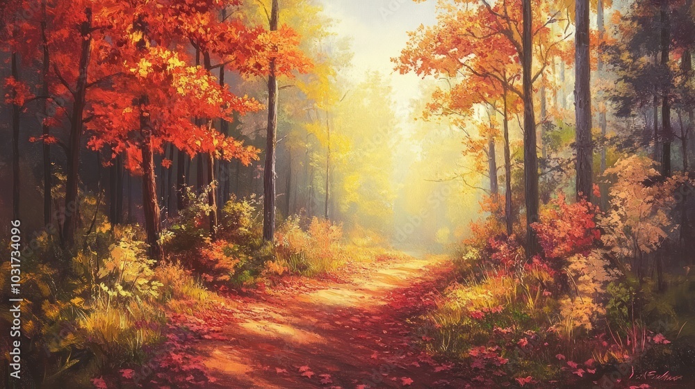 Obraz premium A serene forest path adorned with vibrant autumn foliage and soft sunlight.