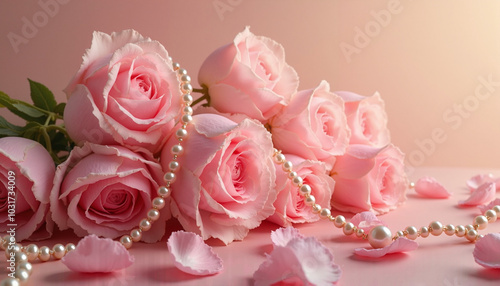 Pink roses and pearls on soft pink background with petals