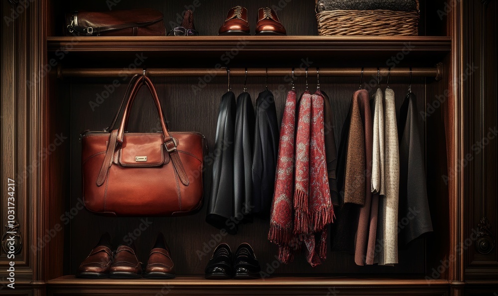 Wooden closet with leather bags, shoes, and coats. Wooden closet with leather bags, shoes, and coats.