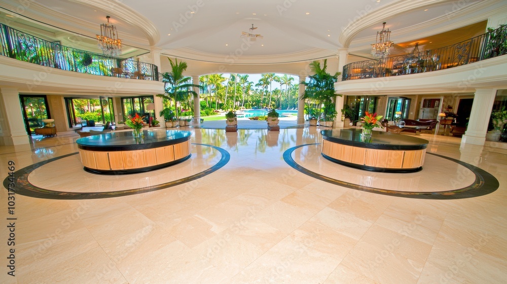 Fototapeta premium Luxurious Tropical Resort Lobby with Elegant Decor and Water Fountain