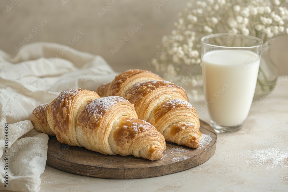 french baked pastry croissants and a glass of milk on rustic beige background - generative ai french baked pastry croissants and a glass of milk on rustic beige background - generative ai