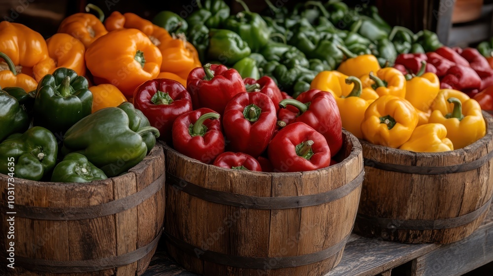 Assortment of red, green, and yellow bell peppers displayed in wooden barrels at a market, highlighting a colorful, fresh, and rustic presentation of organic produce. Assortment of red, green, and yellow bell peppers displayed in wooden barrels at a market, highlighting a colorful, fresh, and rustic presentation of organic produce.