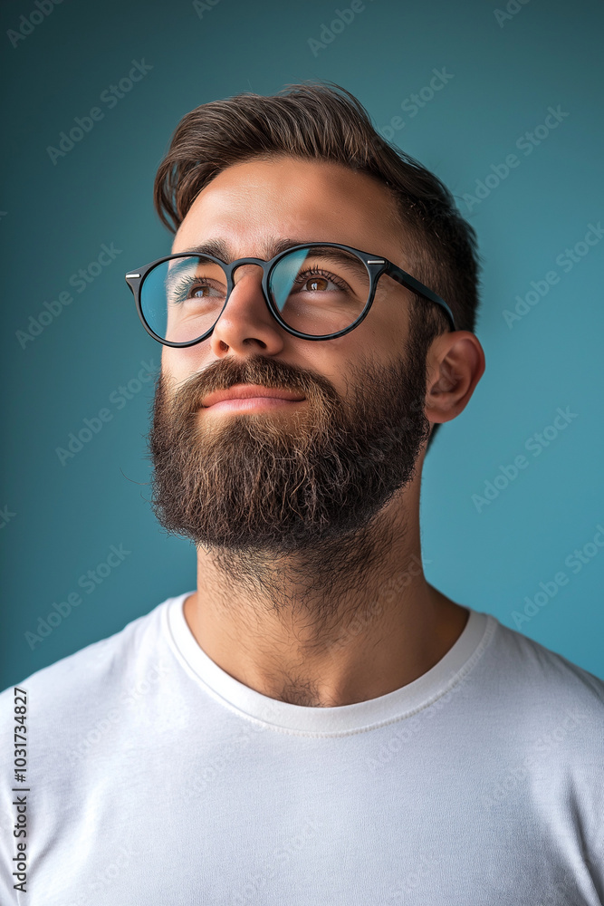 Proud man with glasses looking upward with approving, happy, expression of content. Proud man with glasses looking upward with approving, happy, expression of content.