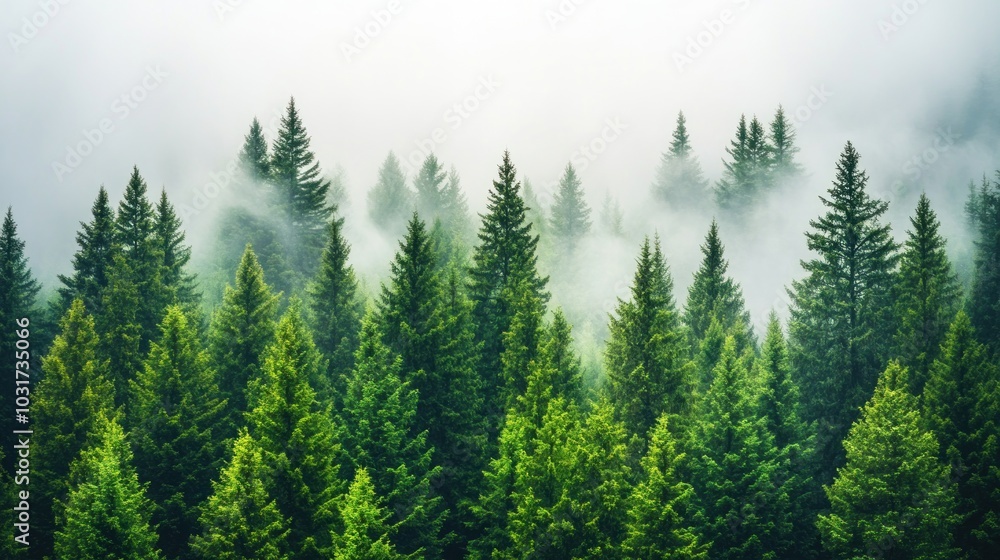 Lush green forest shrouded in mist, creating a serene and tranquil atmosphere. Lush green forest shrouded in mist, creating a serene and tranquil atmosphere.