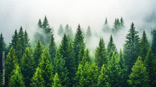 Lush green forest shrouded in mist, creating a serene and tranquil atmosphere.