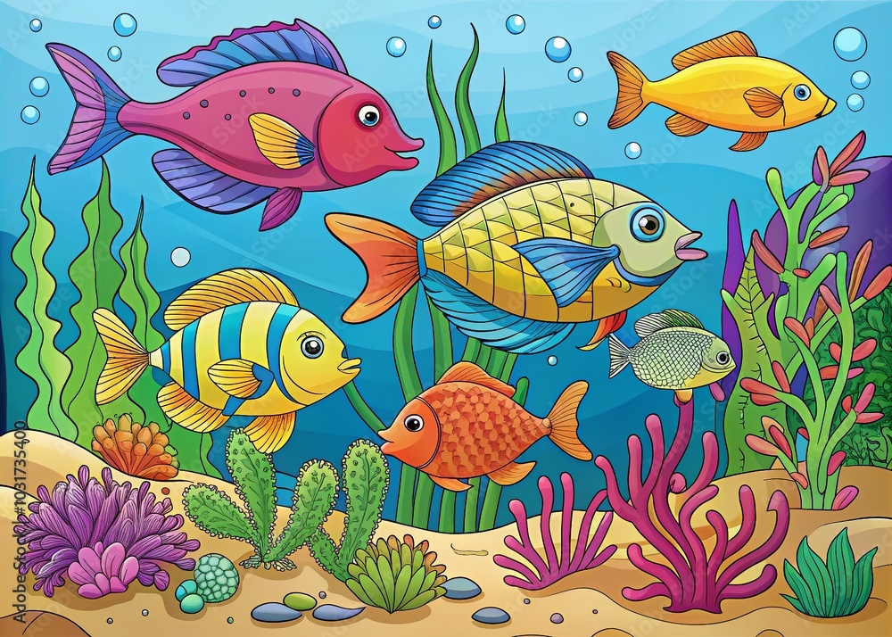 Naklejka premium Underwater Life Coloring Book Illustration Featuring Angler Fish and Marine Animals