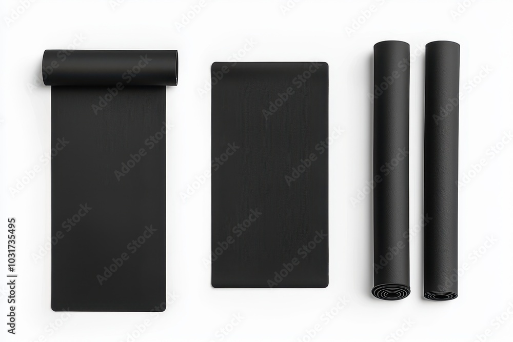 Mockup of black yoga mats, shown in different positions—rolled, partially unrolled, and flat,isolated against white background. Ideal for yoga, fitness, or exercise-related branding and presentation. Mockup of black yoga mats, shown in different positions—rolled, partially unrolled, and flat,isolated against white background. Ideal for yoga, fitness, or exercise-related branding and presentation.