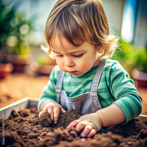 A boy is playing with coal soil