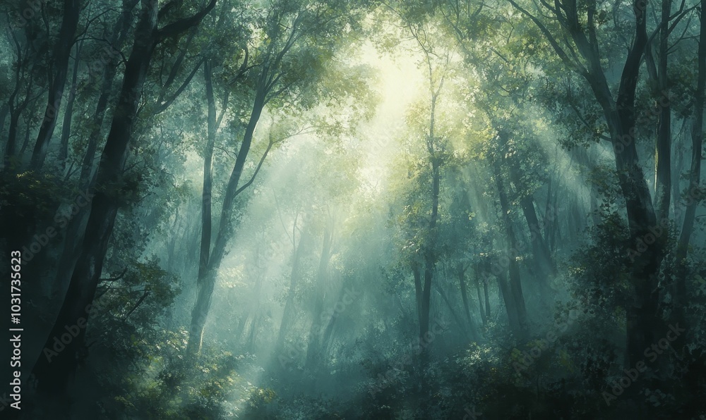 Naklejka premium Misty forest with sunbeams breaking through the trees.