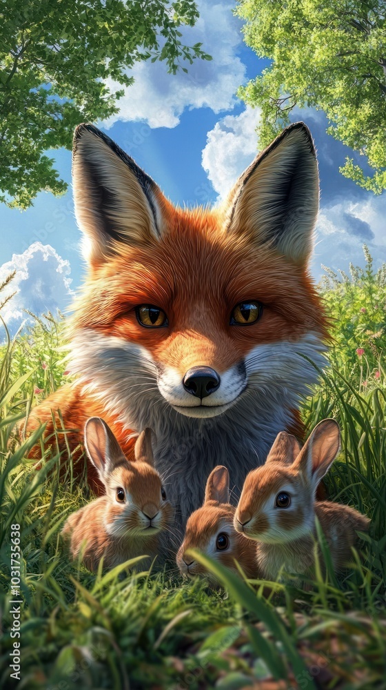 Fototapeta premium A fox sits in a grassy field with three young rabbits, showcasing a serene wildlife scene.