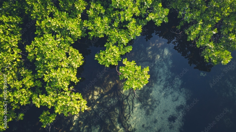 Aerial view of lush green mangrove trees over calm water, showcasing nature's beauty. Aerial view of lush green mangrove trees over calm water, showcasing nature's beauty.
