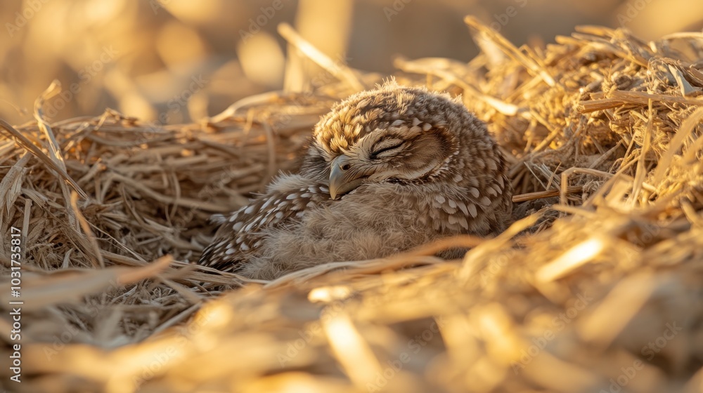 A sleeping owl nestled in straw, showcasing its peacefulness in a natural setting. A sleeping owl nestled in straw, showcasing its peacefulness in a natural setting.