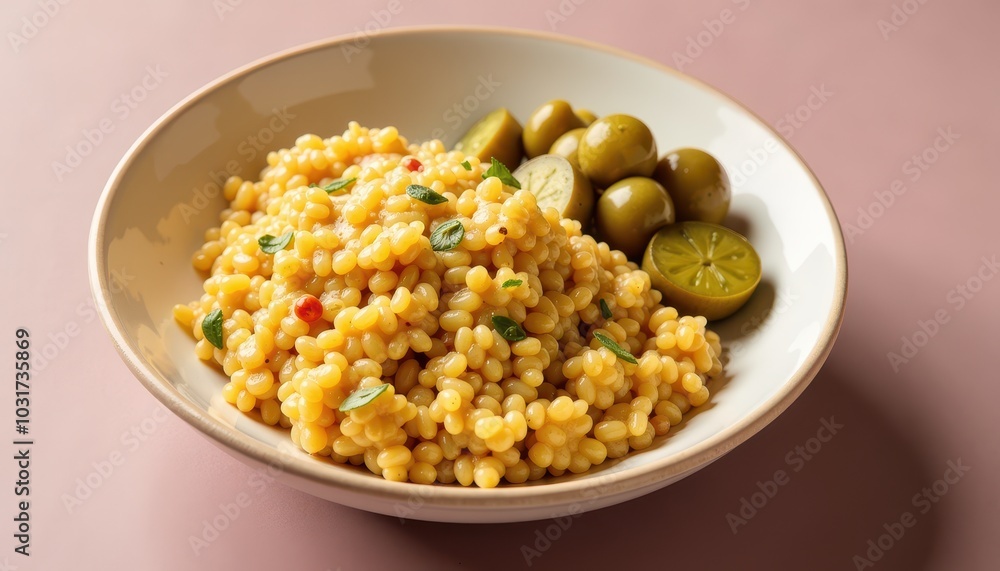 Isolated bowl of khichdi served with a side of pickles on a light mauve surface. Isolated bowl of khichdi served with a side of pickles on a light mauve surface.