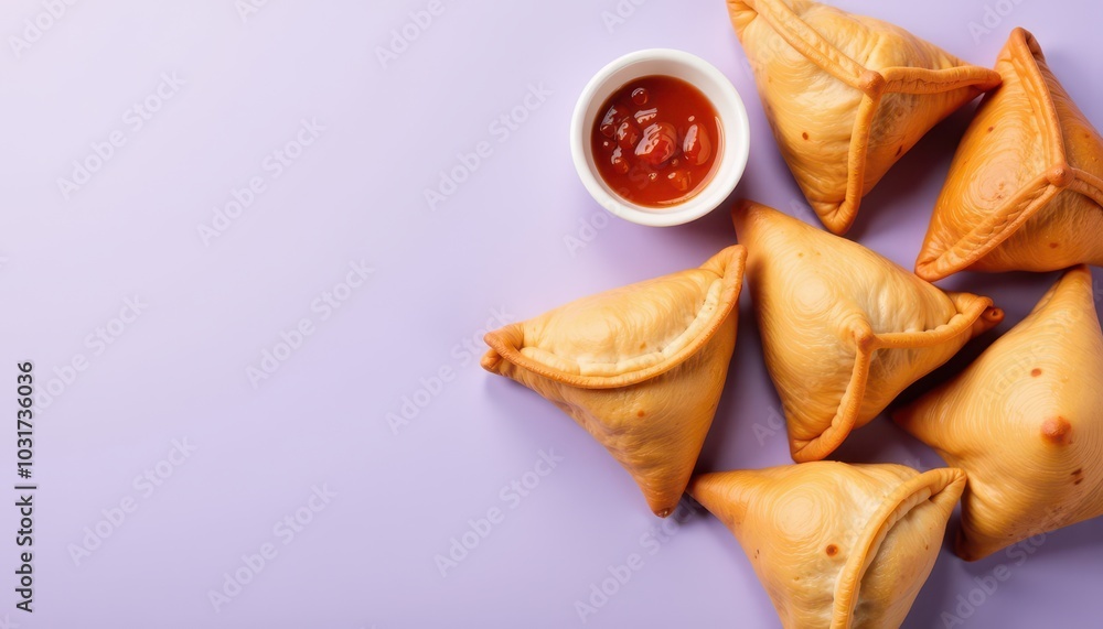Assorted samosas arranged beautifully on a light lavender background inviting festive enjoyment. Assorted samosas arranged beautifully on a light lavender background inviting festive enjoyment.