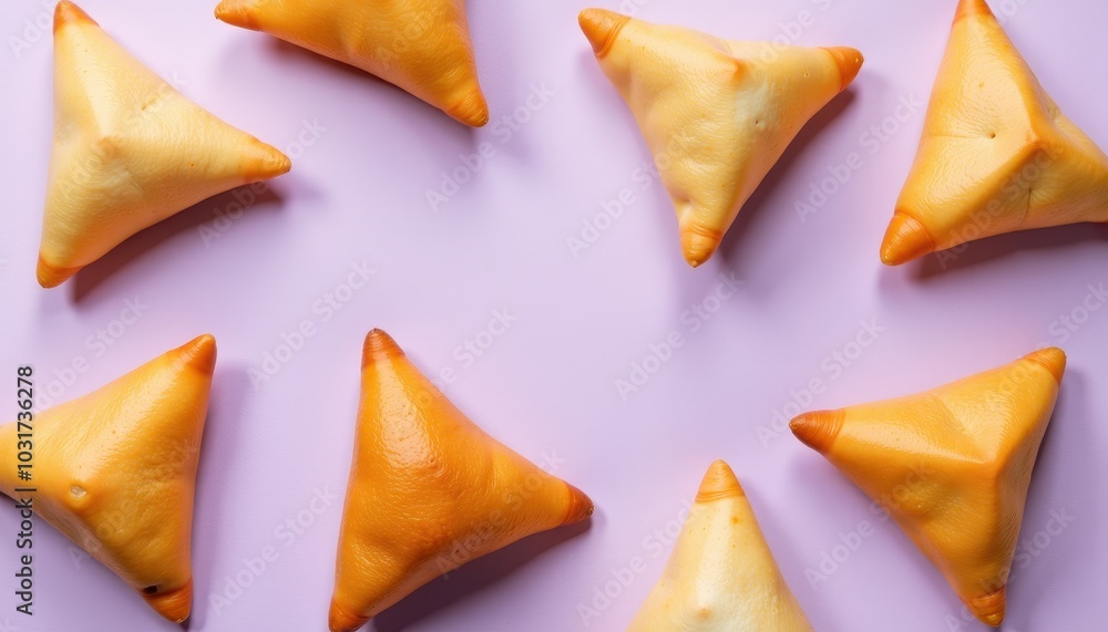 Assorted samosas arranged beautifully on a light lavender background inviting festive enjoyment. Assorted samosas arranged beautifully on a light lavender background inviting festive enjoyment.