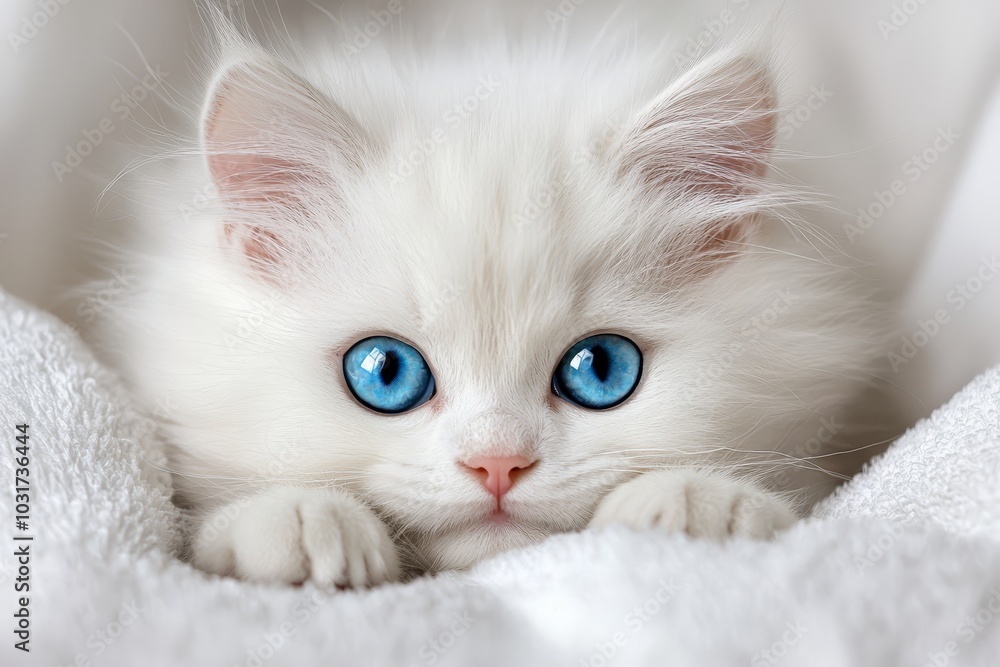 A small white kitten with blue eyes lies on a white blanket; a second white blanket is next to it A small white kitten with blue eyes lies on a white blanket; a second white blanket is next to it