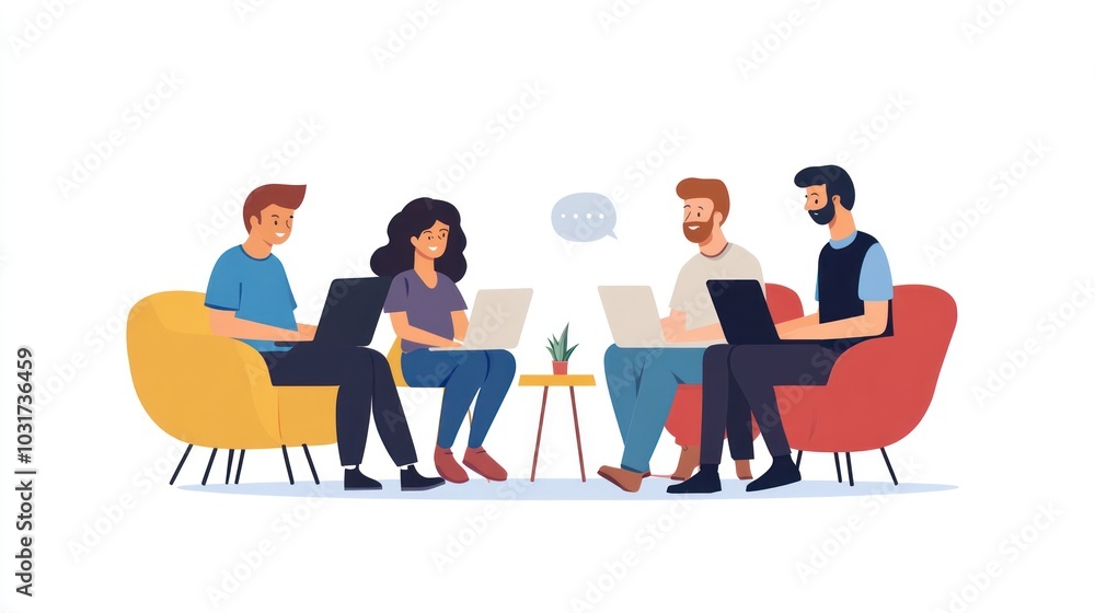 Four people collaborating with laptops in a cozy setting. Four people collaborating with laptops in a cozy setting.