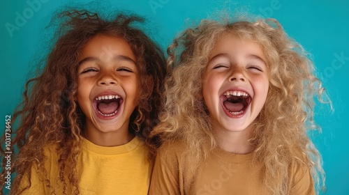 Two children with curly hair, wearing yellow shirts, laughing joyfully with open mouths against a vibrant blue background, showing pure happiness and friendship.