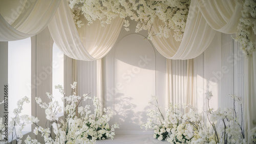 serene and elegant white walled room adorned with flowing drapes and delicate floral arrangements, creating tranquil atmosphere perfect for events photo