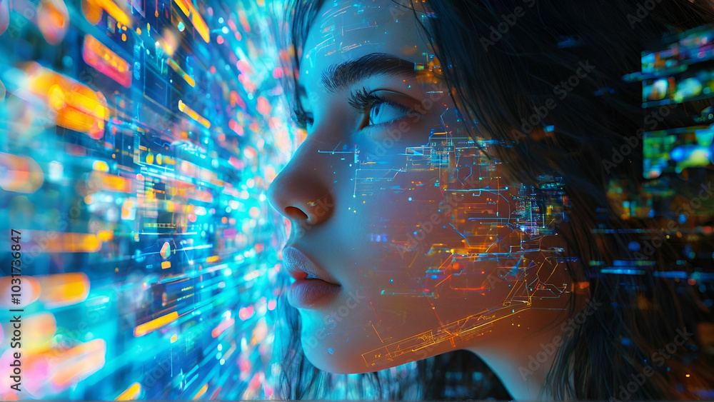 Double exposure image blending a woman's silhouette with a vibrant city lights background Double exposure image blending a woman's silhouette with a vibrant city lights background