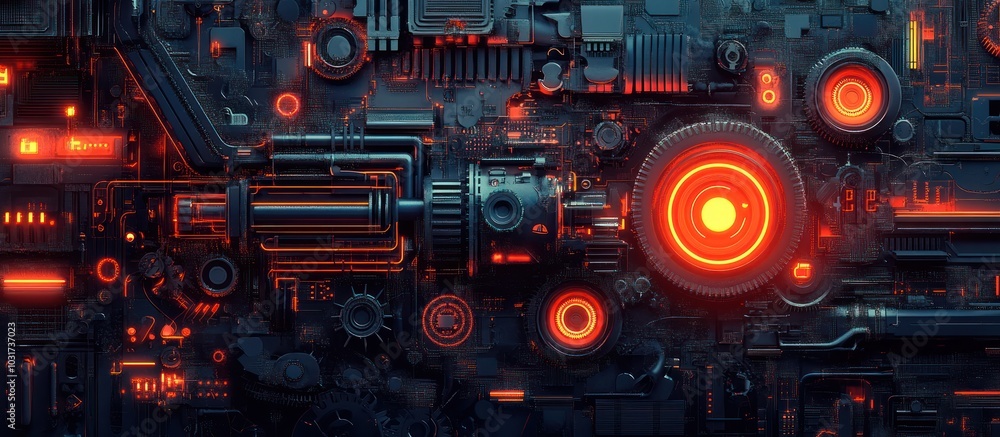 Abstract industrial background with glowing red elements and detailed metallic gears, pipes and wires. Abstract industrial background with glowing red elements and detailed metallic gears, pipes and wires.