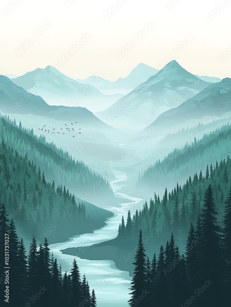 Fototapeta premium Serene mountain landscape with river flowing through dense forest.