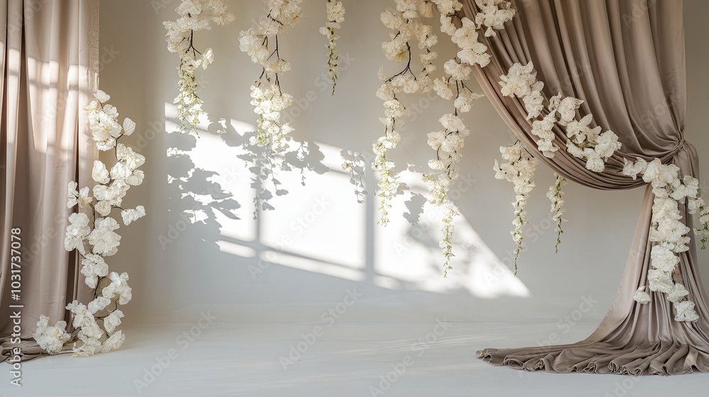 Elegant draped silk curtains adorned with white flowers create serene and sophisticated atmosphere, perfect for events or photography. soft light enhances beauty of decor Elegant draped silk curtains adorned with white flowers create serene and sophisticated atmosphere, perfect for events or photography. soft light enhances beauty of decor