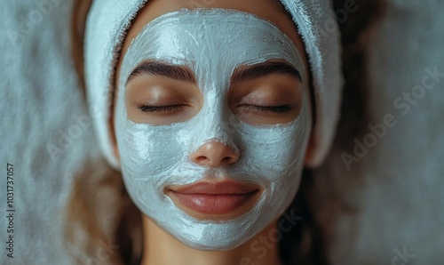 Top view of young beautiful woman with white clay mask on her face relaxing at spa salon, enjoying procedures, copy space, Generative AI photo