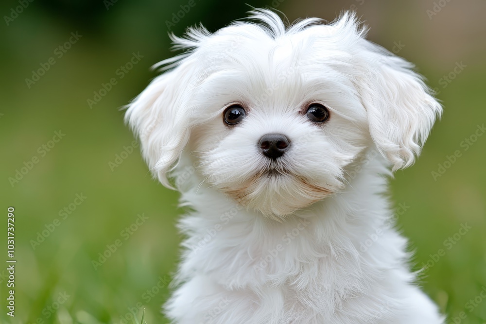 A tight shot of a small white dog gazing sideways on a expanses of green grass A tight shot of a small white dog gazing sideways on a expanses of green grass