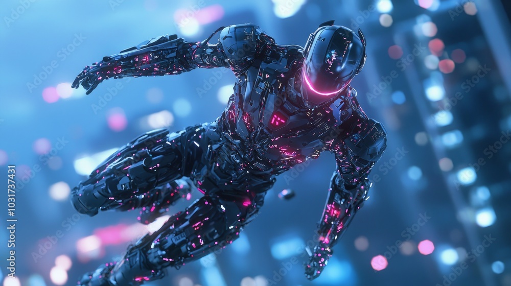 Obraz premium Cybernetic Soldier Leaping from Rooftop in Futuristic Urban Battlefield | Ultra-Detailed 3D Render Illustration