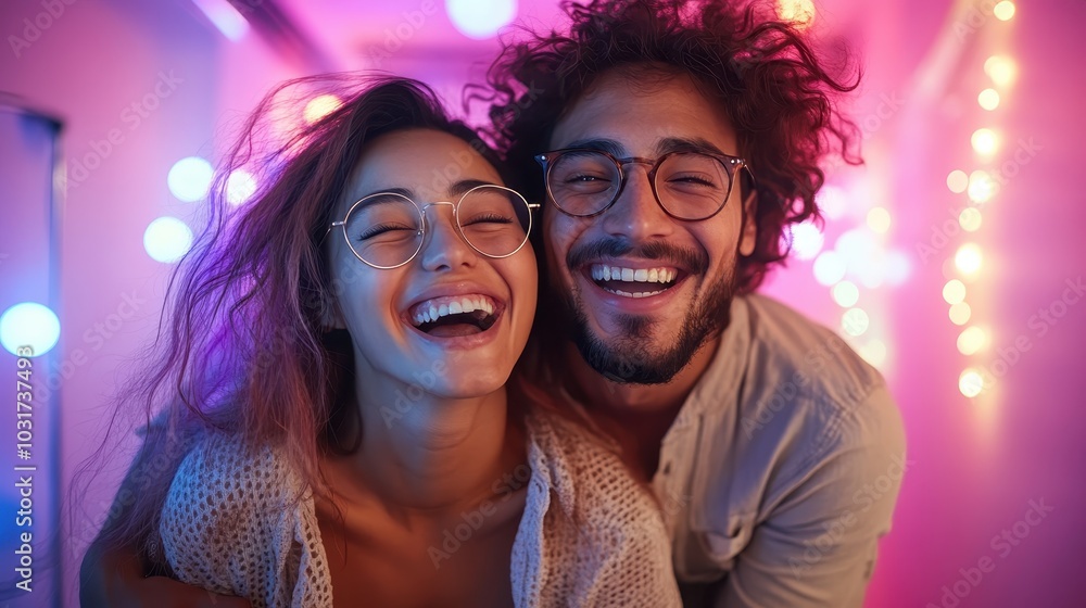 A joyful couple captured in a vibrant setting with colorful lights, showcasing happiness and togetherness as they share a moment of pure laughter and joy. A joyful couple captured in a vibrant setting with colorful lights, showcasing happiness and togetherness as they share a moment of pure laughter and joy.