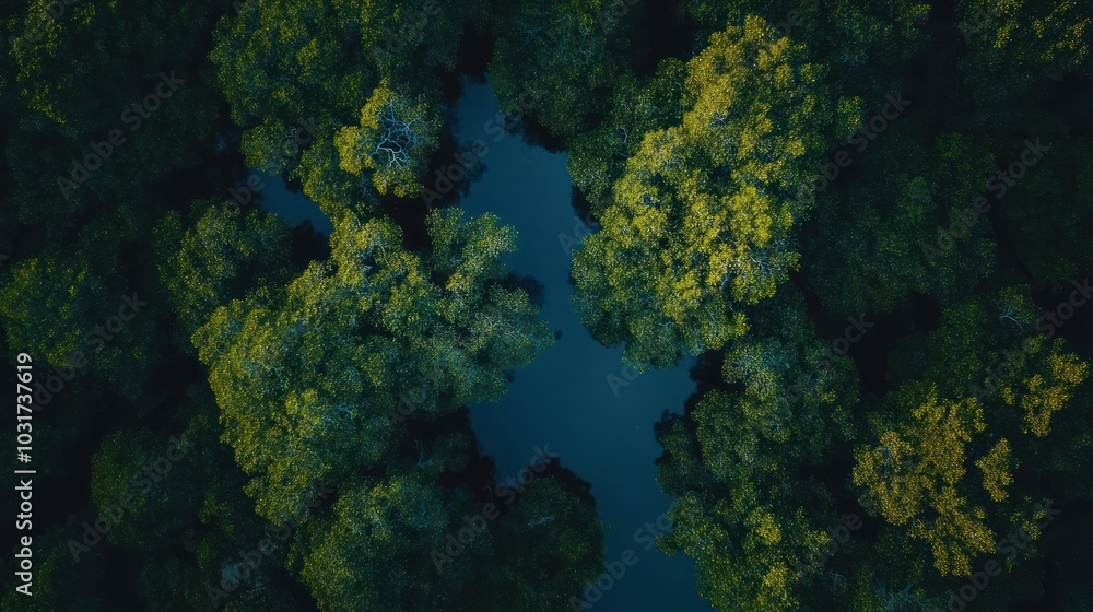 Aerial view of lush green trees surrounding a serene water body. Aerial view of lush green trees surrounding a serene water body.