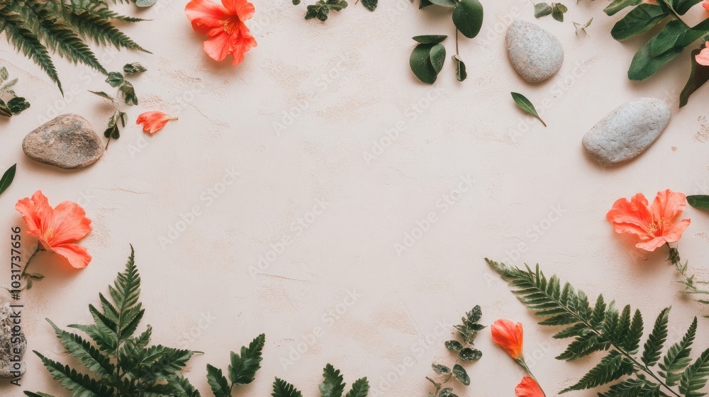 Obraz premium A decorative arrangement of flowers, leaves, and stones on a textured surface.