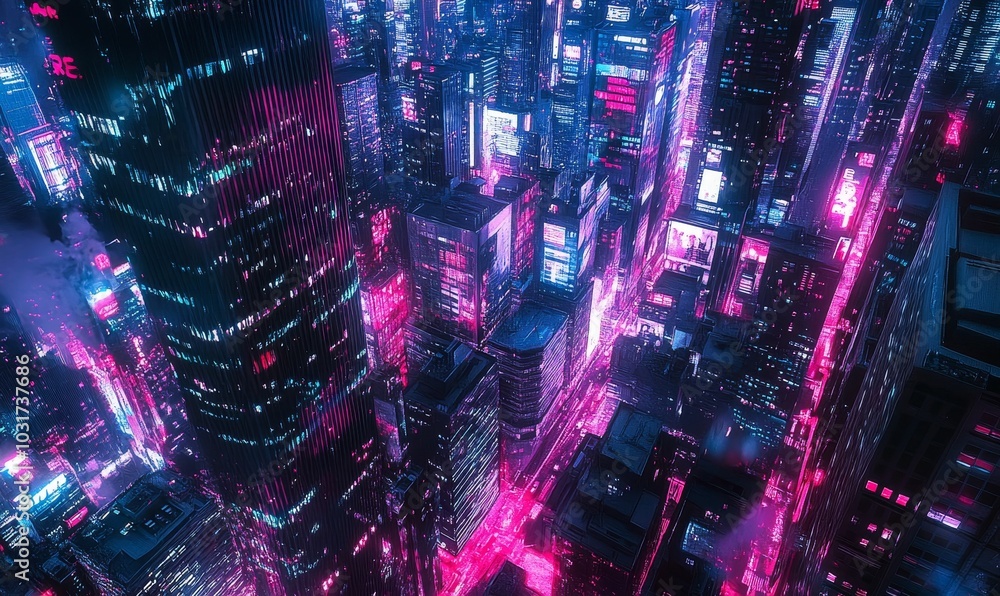 Fototapeta premium Neon-lit cityscape at night, aerial view.