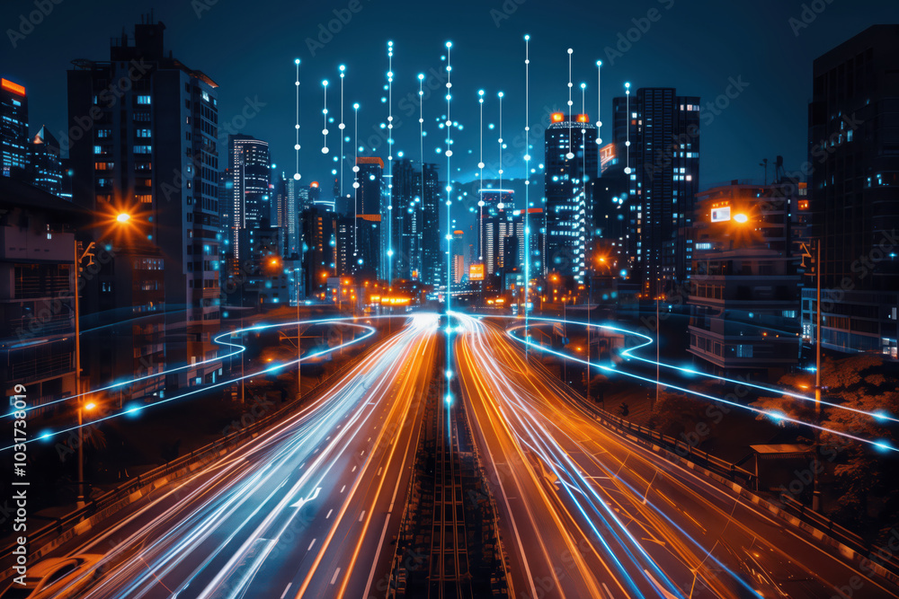 Naklejka premium Concept for the development of digital transformation of a smart city. lights and connections over the road, modern cityscape at night.