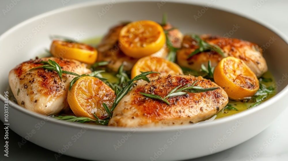 A tempting display of grilled chicken accompanied by slices of lemon and rosemary sprigs, offering a simple yet elegant representation of flavorful home cooking. A tempting display of grilled chicken accompanied by slices of lemon and rosemary sprigs, offering a simple yet elegant representation of flavorful home cooking.