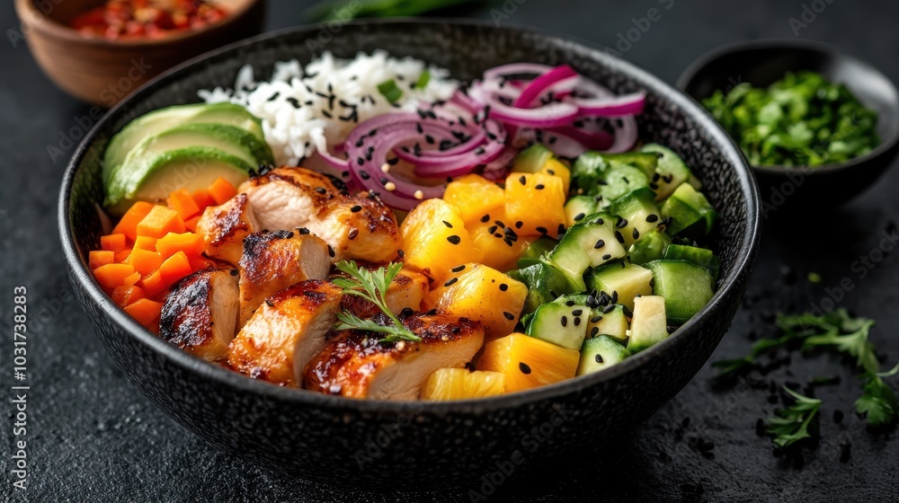A colorful food bowl filled with grilled chicken, fresh vegetables, and sesame seeds offers a nutritious and artistically presented modern gastronomic delight. A colorful food bowl filled with grilled chicken, fresh vegetables, and sesame seeds offers a nutritious and artistically presented modern gastronomic delight.