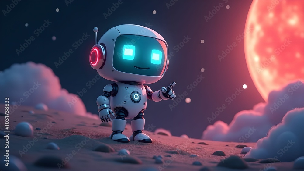 Obraz premium Positive cute robot pointing at a space. Copy space