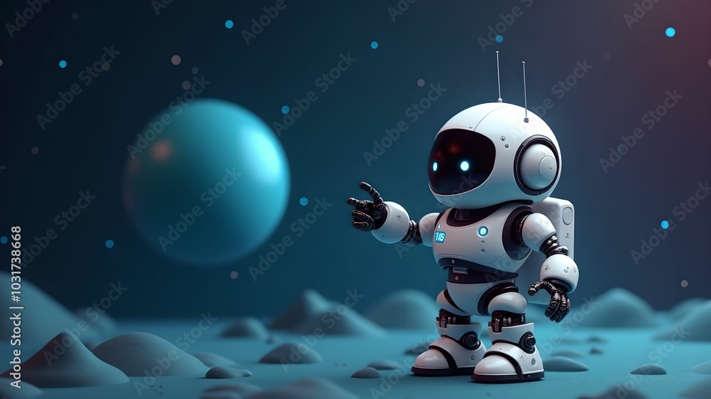 Positive cute robot pointing at a space. Copy space