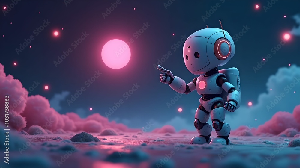 Positive cute robot pointing at a space. Copy space Positive cute robot pointing at a space. Copy space