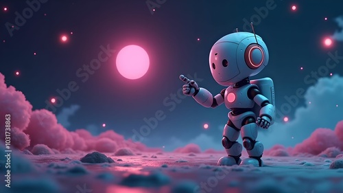 Positive cute robot pointing at a space. Copy space