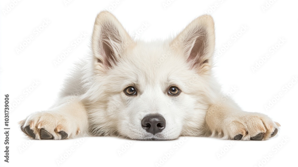 A fluffy white puppy lying down with its paws stretched out. A fluffy white puppy lying down with its paws stretched out.