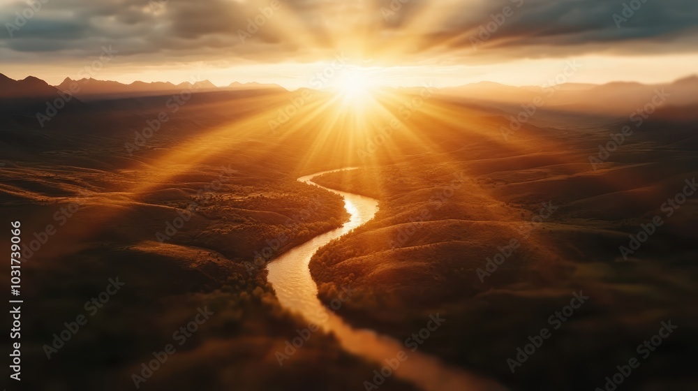 A stunning sunset over a river meandering through mountains, casting a golden glow on the landscape, evoking a sense of tranquility and natural beauty. A stunning sunset over a river meandering through mountains, casting a golden glow on the landscape, evoking a sense of tranquility and natural beauty.