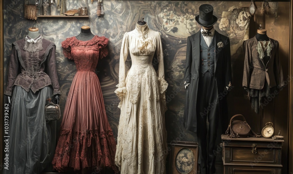 Naklejka premium Vintage clothing display with mannequins and accessories.