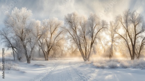 A serene winter landscape with frosted trees and a sunlit path through the snow.