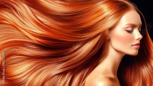 A beautiful woman with long, flowing, red hair against a black background. Her eyes are closed and she has a serene expression on her face.